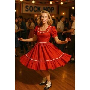 Vtg 70s Handmade Dress S Rockabilly Swing Ruffled Country Red Swiss Dot Sock-Hop